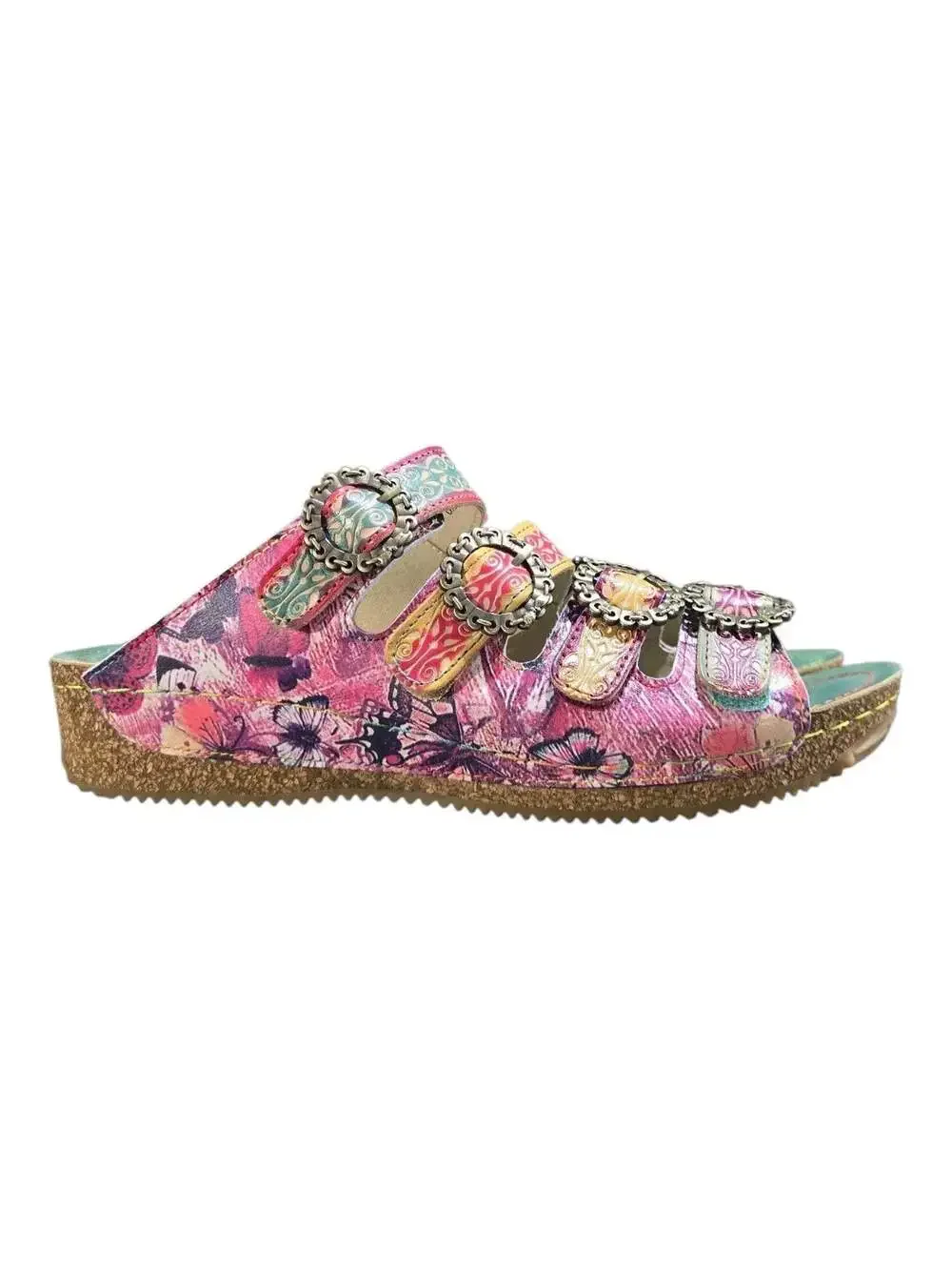 L'Artiste by Spring Step Blessing Floral Butterfly Embossed Leather Wedge Slides